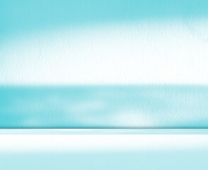 Blue background, wall summer backdrop, studio room loft table with natural shadow on wall floor,...