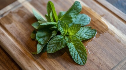 Fresh green mint leaves on wooden cutting board