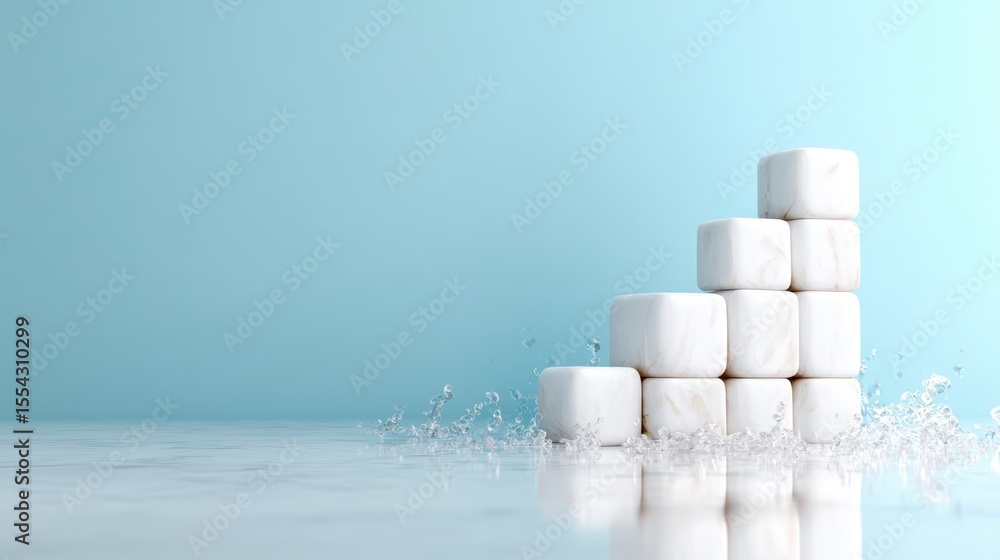 Poster an eye-catching image of stacked marble cubes creating a splash effect, symbolizing growth and progr