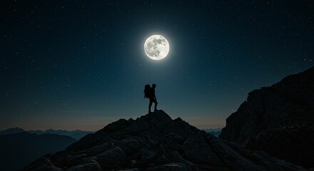 Silhouette of a person on a mountain peak under a full moon