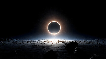 Obraz premium A stark black backdrop punctuated by a bright portal halo casting colored light on nearby asteroids in a vivid and mysterious space scene