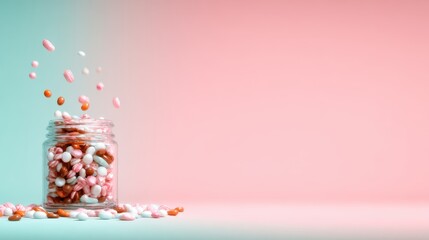 A visually striking composition of a glass jar filled with assorted candies, as colorful sweets spill out against a softly blended blue and pink backdrop, embodying playfulness and joy.