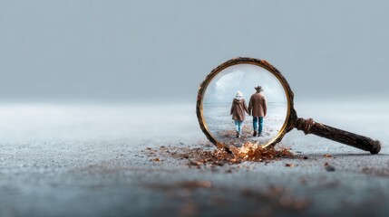 A couple is captured holding hands on the shore, viewed through a vintage magnifying glass, symbolizing intimacy and the beauty of shared moments amidst nature's canvas.