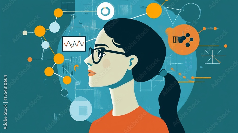 Poster data analysis concept: woman with graphs and data visualizations surrounding her