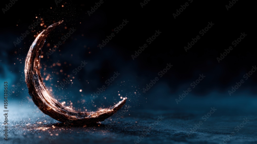 Poster an artistic representation of an abstract crescent shape that emits sparkles, creating a mystical an