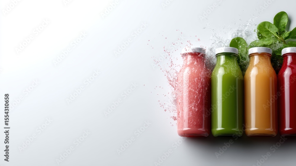 Poster a vibrant image of colorful juice bottles creating a splash against a bright white backdrop, represe