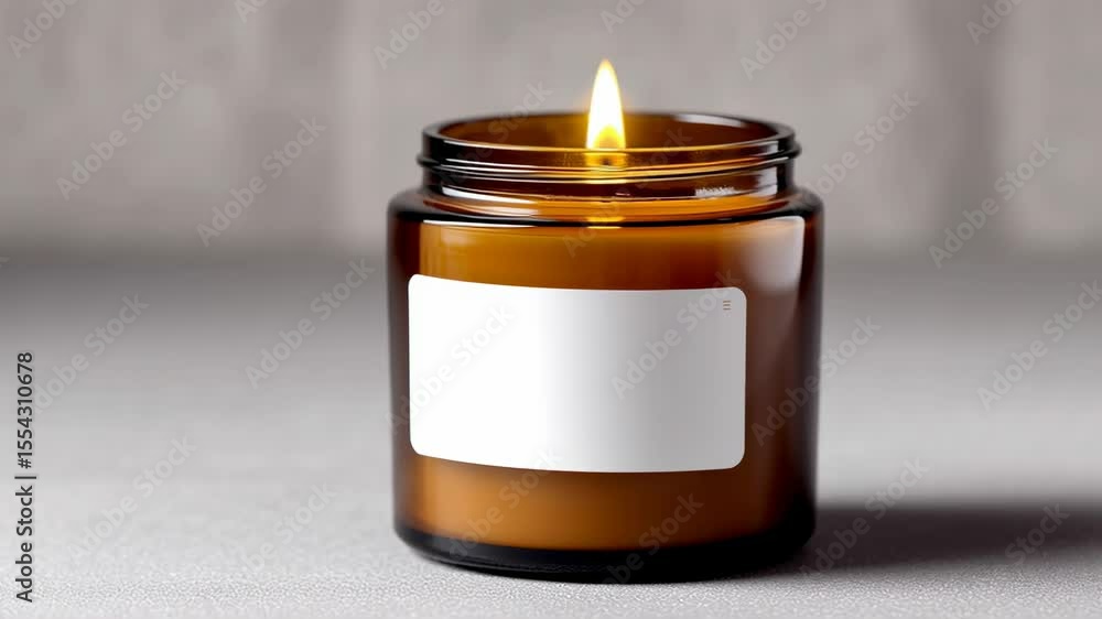 Poster amber glass candle jar with a flickering flame, featuring a blank label for customization, placed on