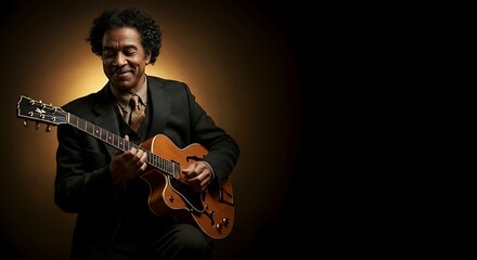 Obraz premium vintage style jazz guitarist in moody lighting on the left side, with clear copy space on the right for text or design elements., digital illustration