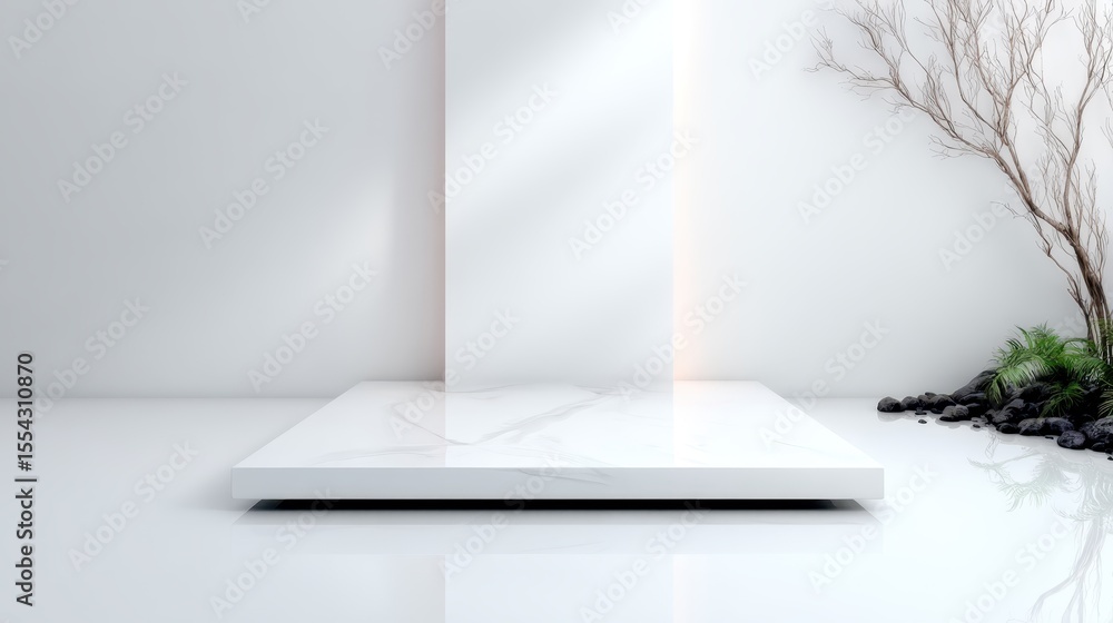 Poster a serene and minimalist interior image featuring a white platform illuminated by soft light, complem
