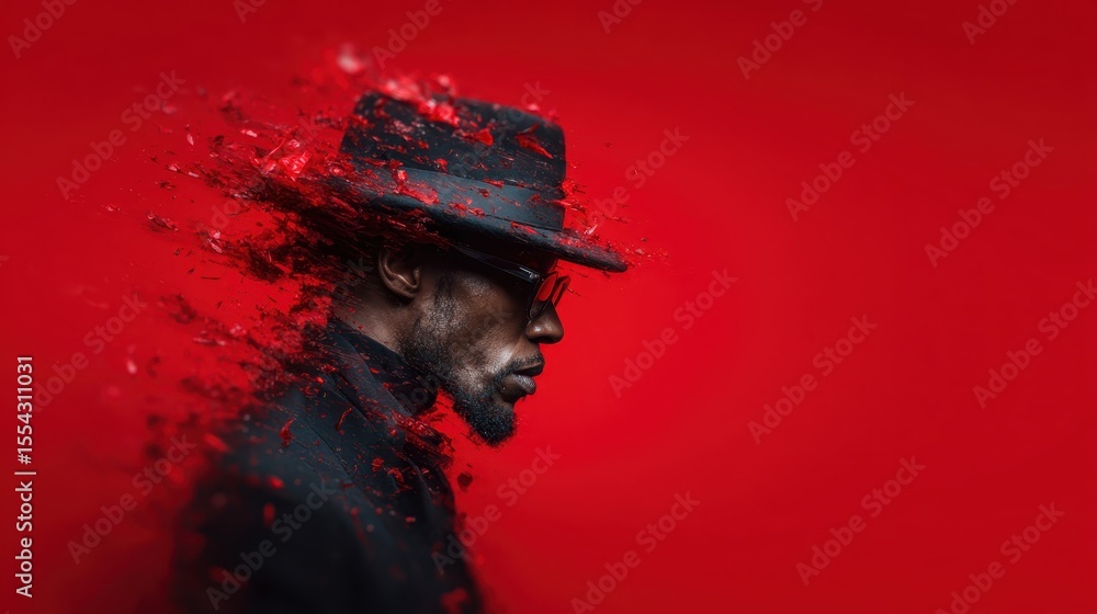 Poster a compelling silhouette of a man in a hat set against a striking red backdrop, creating an atmospher