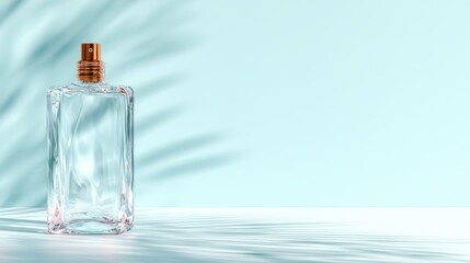 An elegant perfume bottle beautifully reflecting light and casting soft shadows, embodying luxury and sophistication in fragrance and style for connoisseurs of beauty.