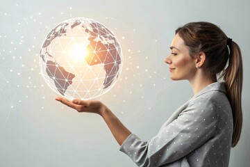 woman holding a globe, Woman’s hand holding glowing 3D polygonal globe with network nodes, isolated