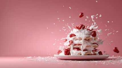 A mouthwatering stack of pancakes topped with whipped cream and fresh raspberries splashes in a delightful display against a soft pink background, evoking joy.