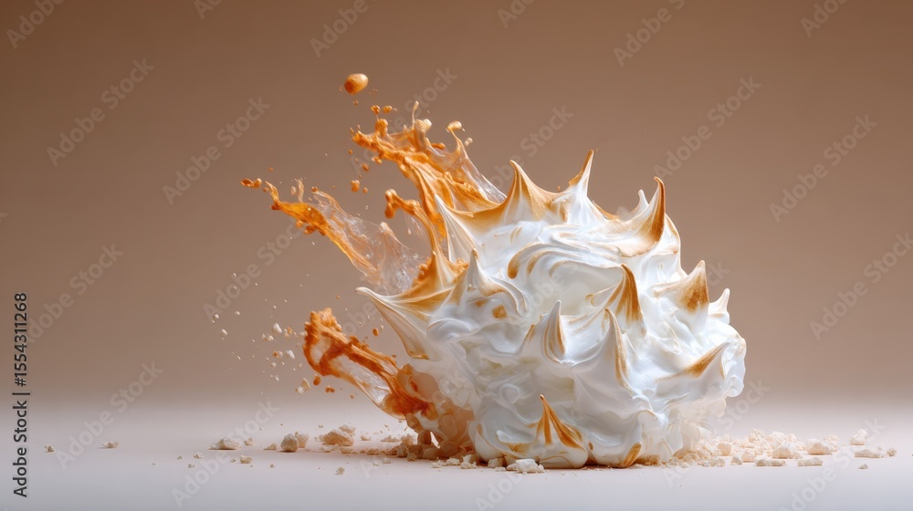 Aufkleber a visually captivating explosion of meringue with splashes of caramel, creating an artistic display 