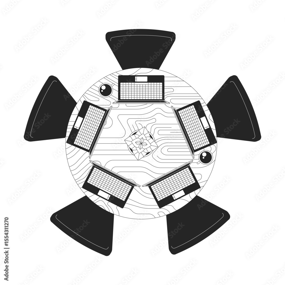 Poster top view of round table with laptops and coffee mugs 2d line object. collaborative workspace above. 