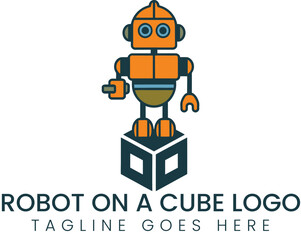 Obraz premium Cute robot stands atop a simple cube in this clever logo art