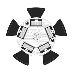 Top view of round table with laptops and coffee mugs 2D line object. Collaborative workspace above. Coworking, startup culture isolated clipart vector ink outline item. Monochrome spot illustration