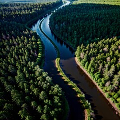 Naklejka premium River's Serene Embrace: An aerial view of a winding river meandering through a lush green forest.