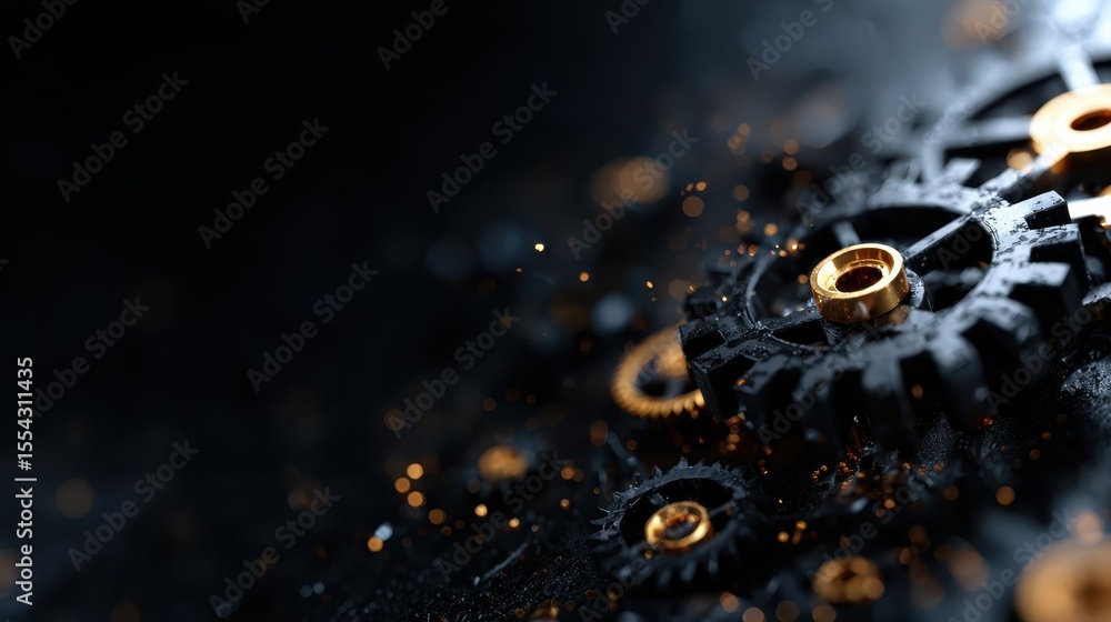Poster a close-up view of detailed mechanical gears set against a dark background with sparkles, symbolizin