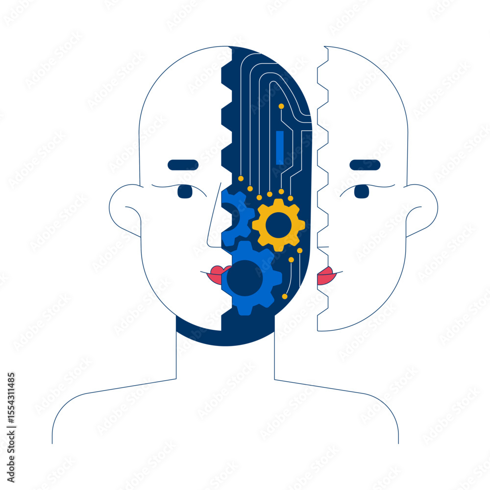 Poster robotics artificial intelligence 2d illustration concept. human head with ai circuitry and gears. ha
