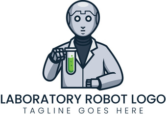 Futuristic robot in lab coat holds test tube with green fluid.