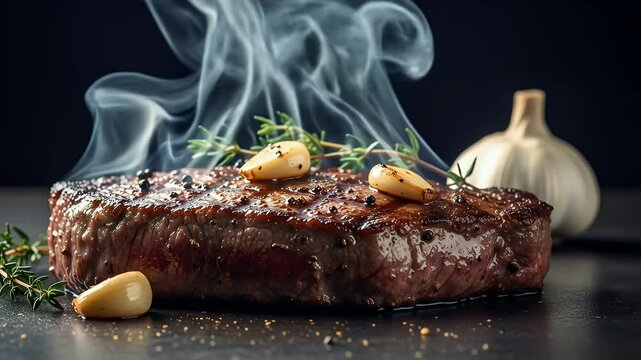 Close up delicious steaming steak with roasted garlic and herbs perfect food photography