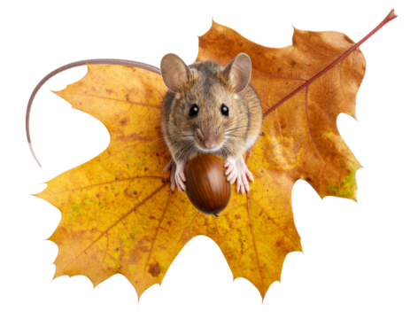 Wood Mouse Sitting on Dry Leaf with Acorn in Paws, isolated on a transparent background