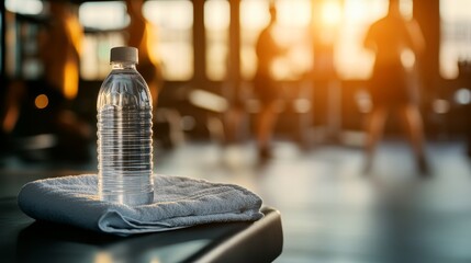 Clear Water Bottle on Gray Towel in Fitness Center at Sunset