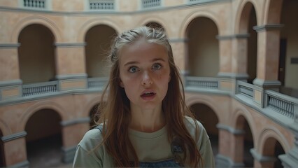 Astonished Teenager in Ancient Architecture Wide-Eyed Wonder in Soft Daylight