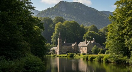 Stone building near serene waterway in forest