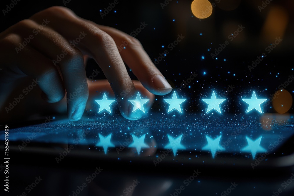 Poster a hand is pointing at stars on a tablet. digital customer feedback concept with a hand interacting w