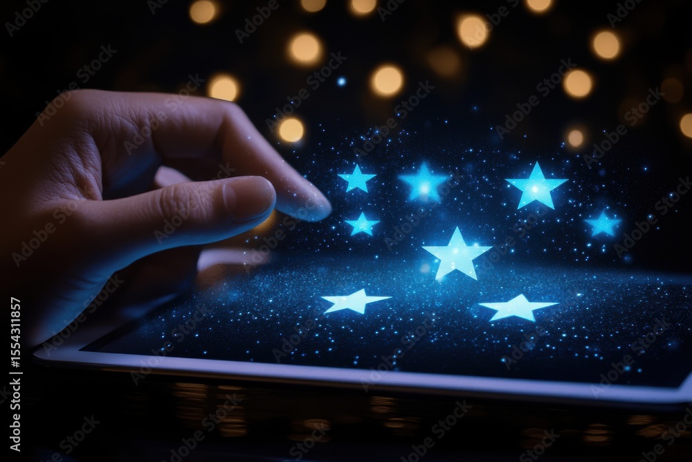 Poster a hand is pointing at stars on a tablet. digital customer feedback concept with a hand interacting w