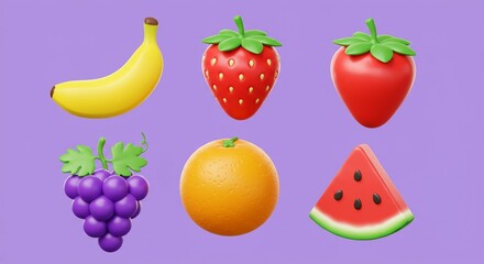 Stylized fruit collection banana strawberries grapes orange and watermelon