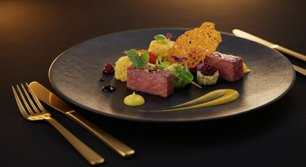 Gourmet Beef Dish Exquisite Plated Meal with Yellow Polenta Microgreens and Cheese Crisp