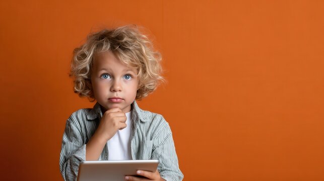A curious child with tousled hair deeply ponders while holding a tablet, suggesting the blend of childhood wonder and modern technology in today's learning environment.