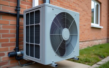 Air conditioning unit installed on a brick wall outside a building.