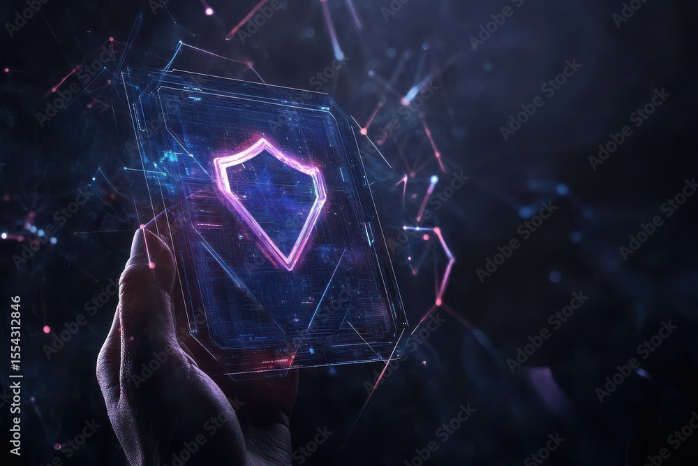 Poster a hand holding a tablet with a blue shield. digital identity verification concept with hand holding 