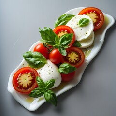 Caprese salad with tomatoes  mozzarella  burrata cheese and fresh basil. Grey background