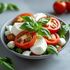 Caprese salad with tomatoes  mozzarella  burrata cheese and fresh basil. Grey background