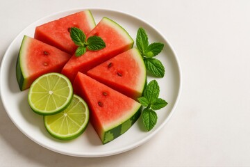 Watermelon slices with lime and mint on a white plate close up view