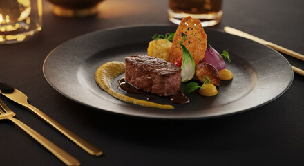 Gourmet Beef Filet Mignon Dish with Exquisite Vegetable Garnish Elegant Dark Plate