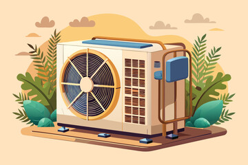 vector of Air heat pump on a beige background. Modern and environmentally friendly heating. Air source heat pumps are an efficient source of energy.