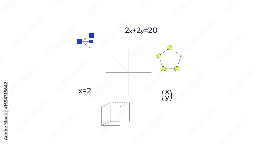 Poster abstract math and geometry appearing 2d animation. equations mathematical notations, graphs. algebra