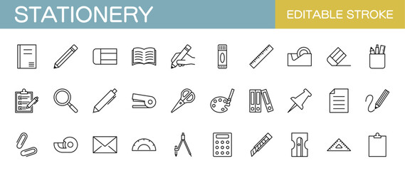 Stationery line icon set – Includes pen, notebook, scissors, workspace, writing and painting. Editable stroke. Vector illustration.