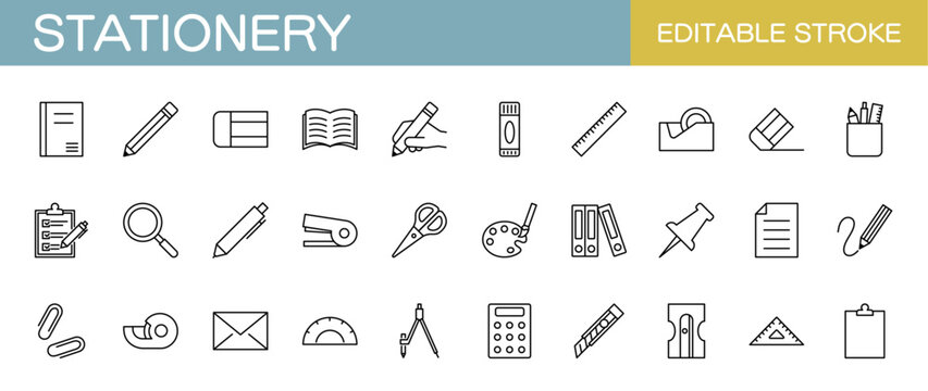 Stationery line icon set &ndash; Includes pen, notebook, scissors, workspace, writing and painting. Editable stroke. Vector illustration.