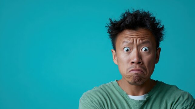 A surprised man exhibits a humorous expression, portraying shock and confusion, making this image ideal for comedic or relatable content in various media contexts.