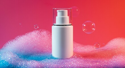 White cosmetic bottle in foam and bubbles