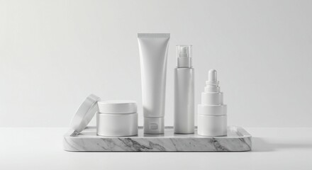 White cosmetic containers on marble tray