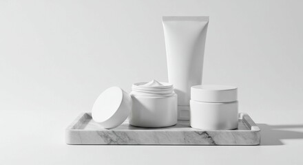 White cosmetic containers on marble tray