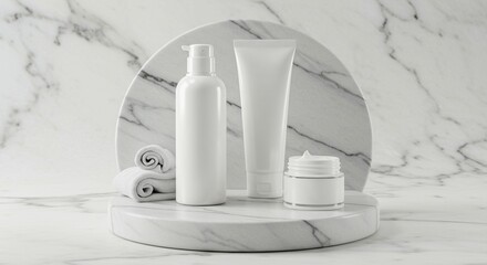 White cosmetic products on marble display